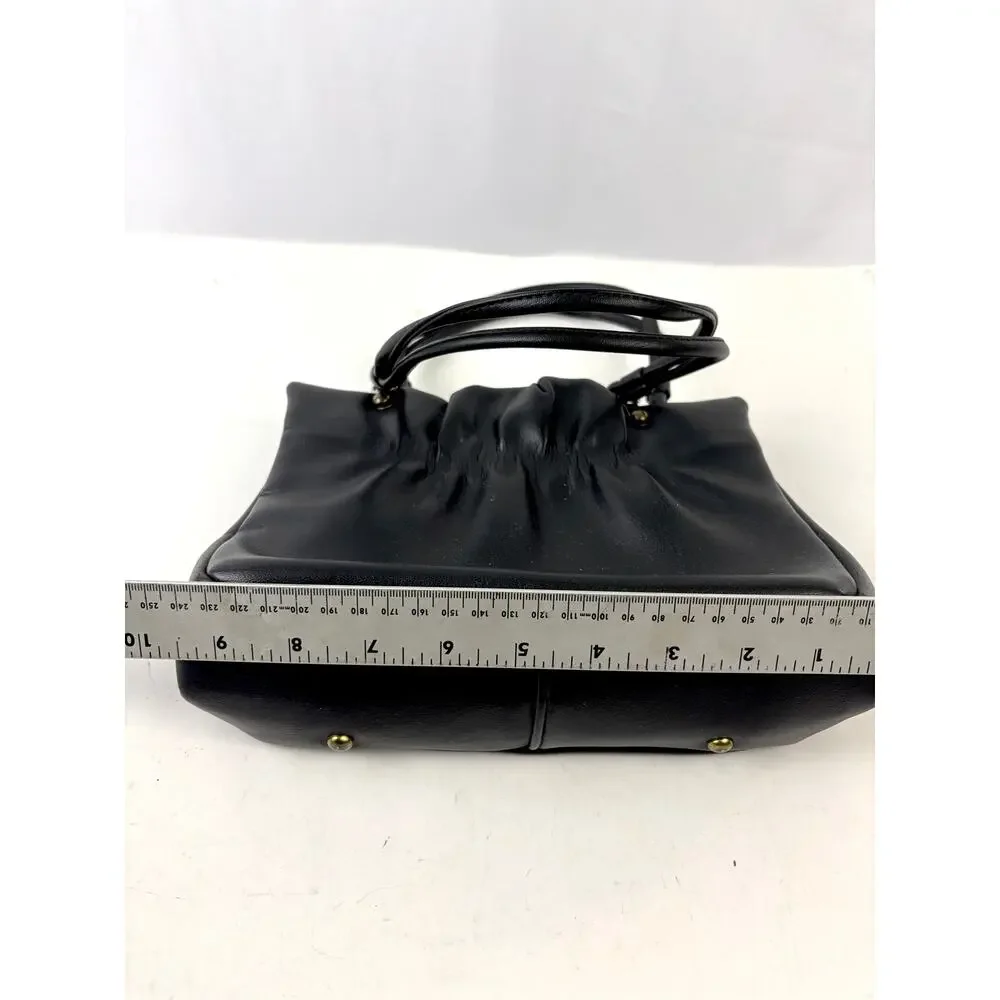 Vintage 1950s 60s‎ Black Gathered Leather Top Handle Purse Clasp Closure